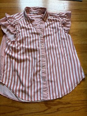 Jane and Delancey Rose Pink and White Striped Ruffle Sleeve Button-Down